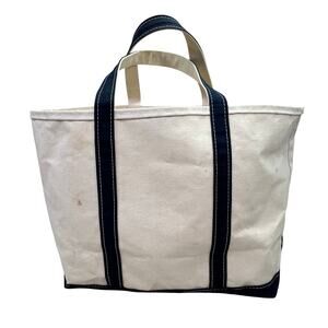 Vintage 90s LL Bean Boat and Tote Bag Canvas Blue Cream L XL 17x14 Beach 1980s